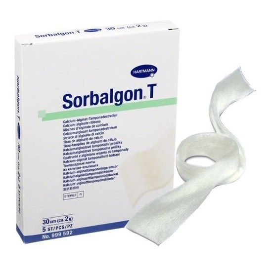 Повязка на рану cамоклеящаяся Sorbalgon T, тампонадная лента из волокон кальция-альгината, 2г/30 см.