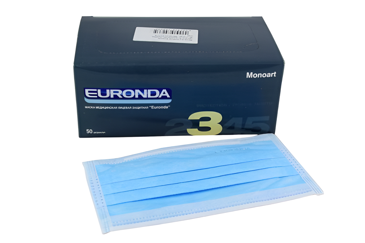 Маска для лица 3-х слойная Euronda на резинке голубая